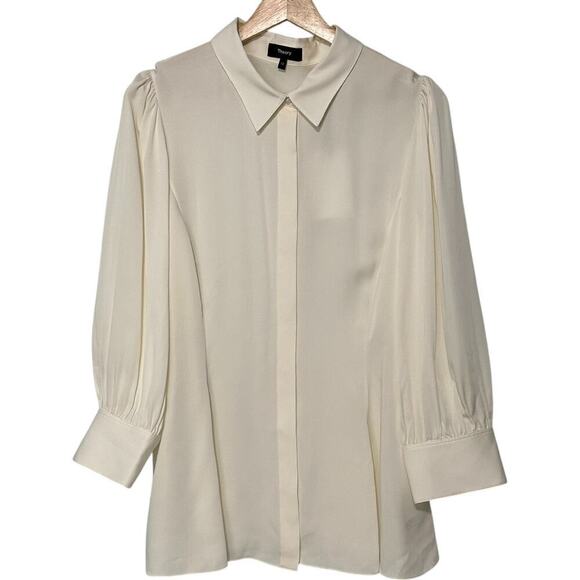 NWT Theory Flared Puff Sleeve Silk Blouse - Picture 2 of 10